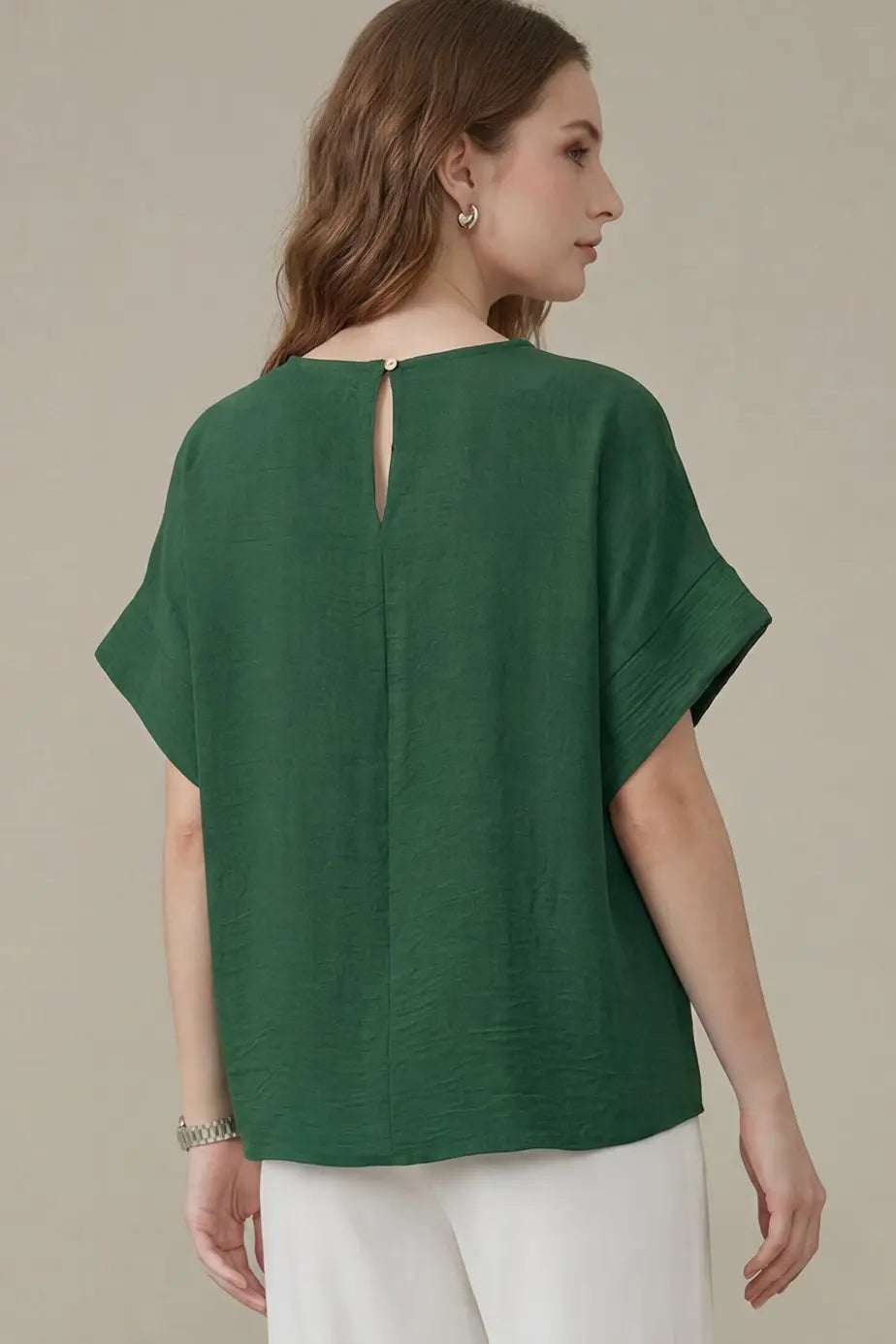 Solid V-Neck Pleat Wide Cuff Top