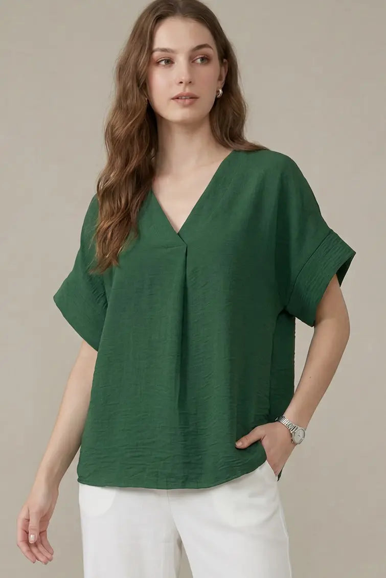Solid V-Neck Pleat Wide Cuff Top