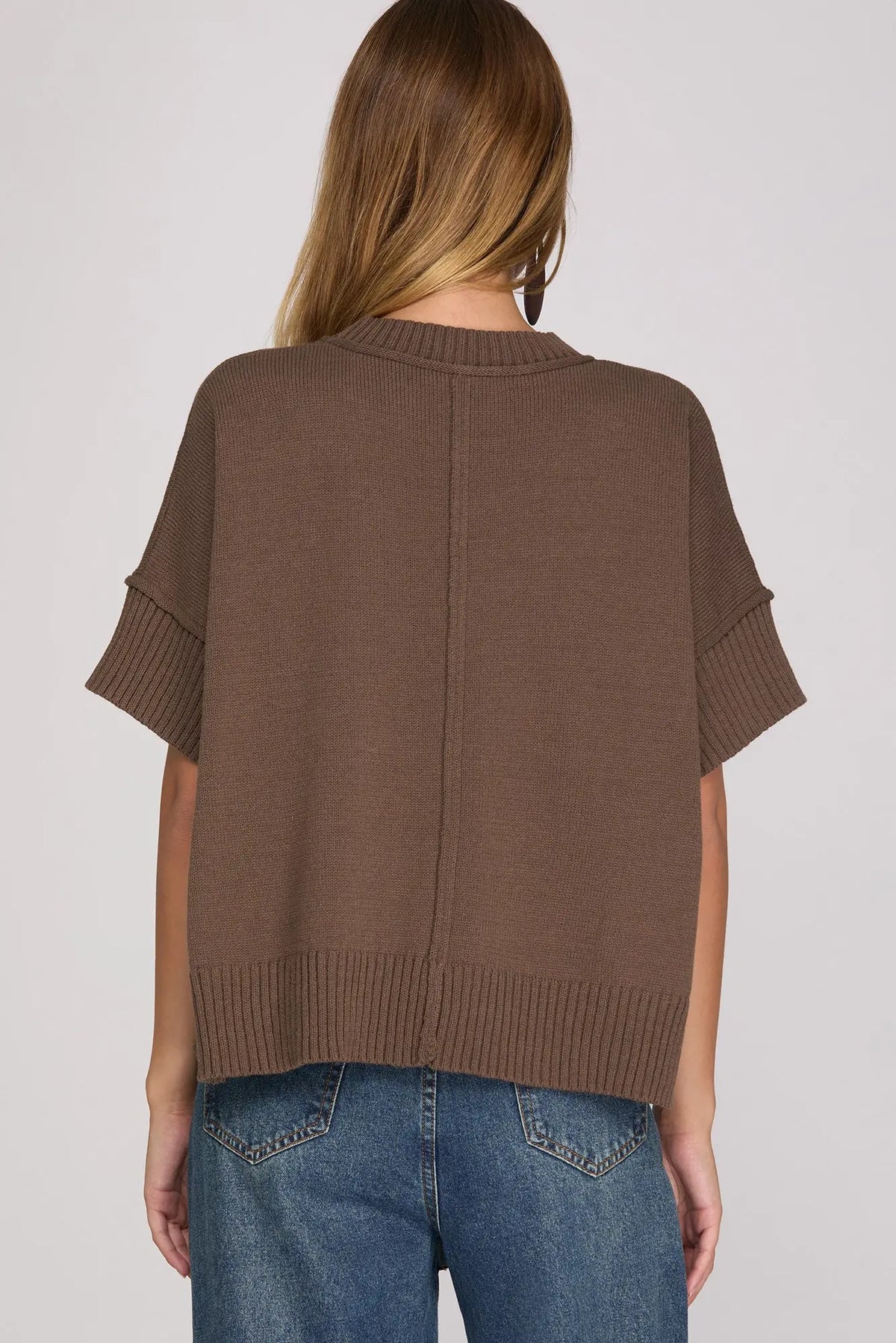 Solid Short Drop Sleeve Crew Neck Sweater