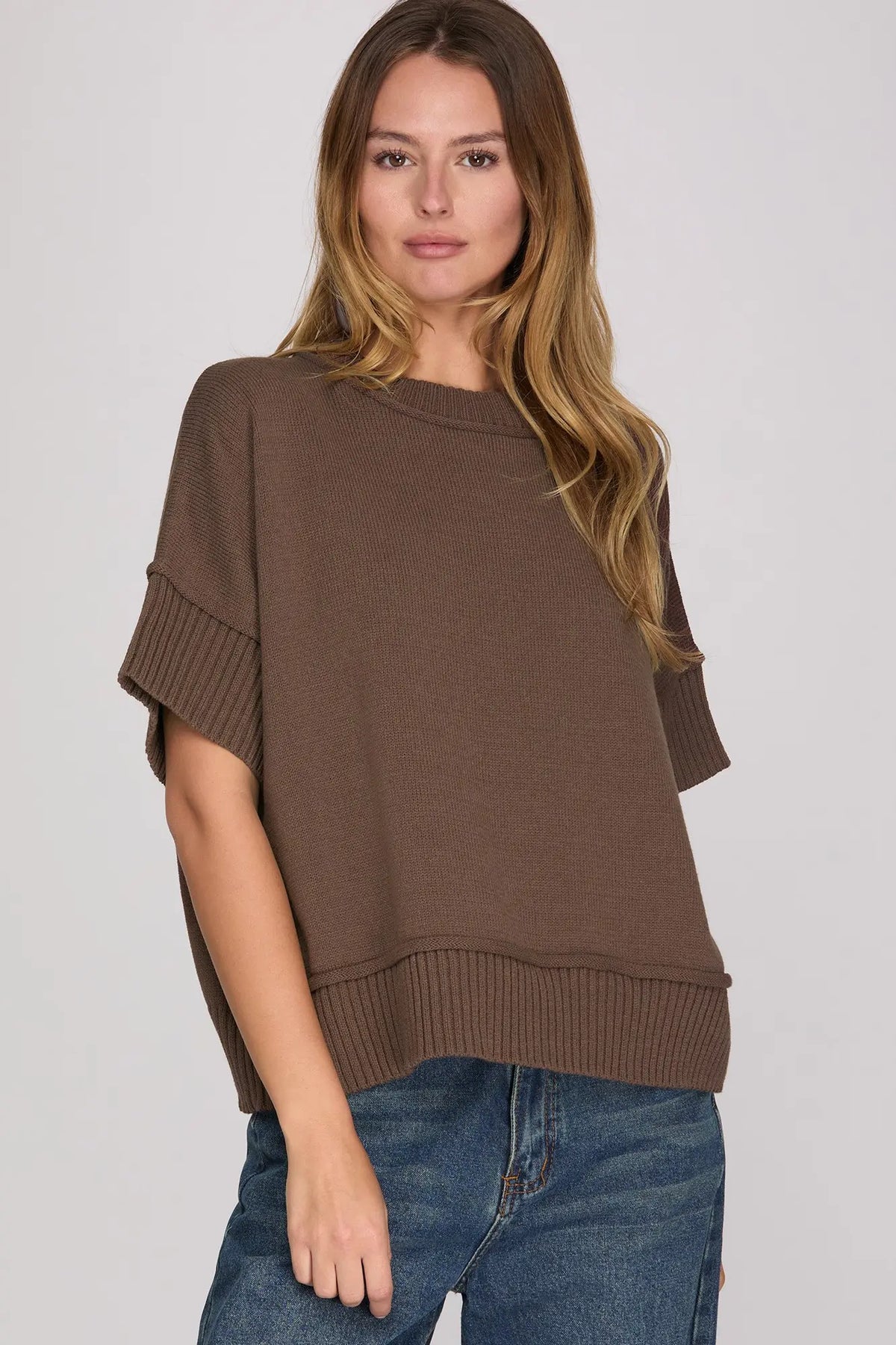 Solid Short Drop Sleeve Crew Neck Sweater