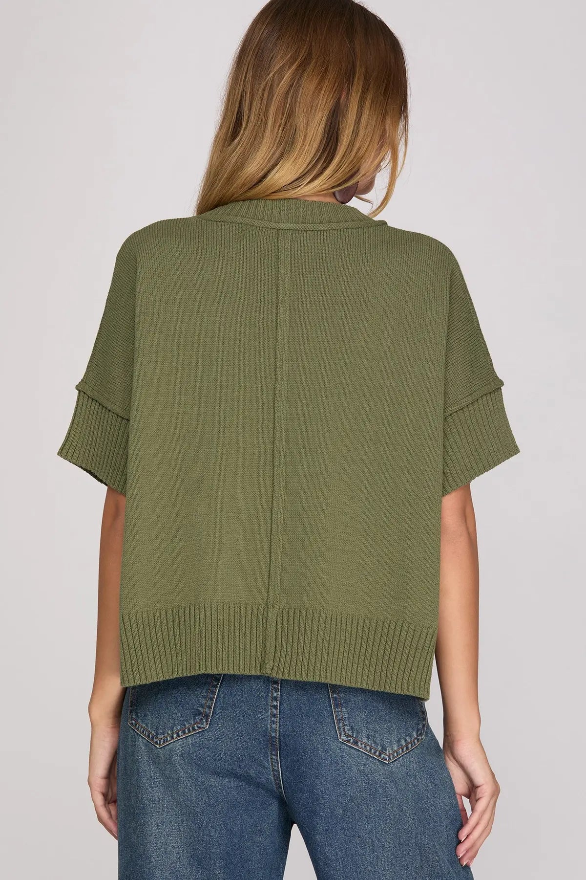 Solid Short Drop Sleeve Crew Neck Sweater