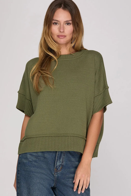 Solid Short Drop Sleeve Crew Neck Sweater