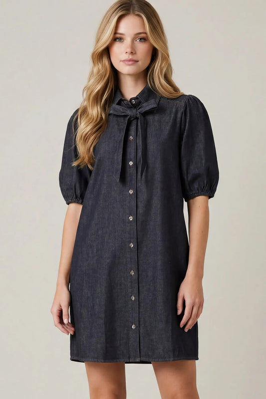 Button Washed Denim Dress w/ Neck Bow-Dark