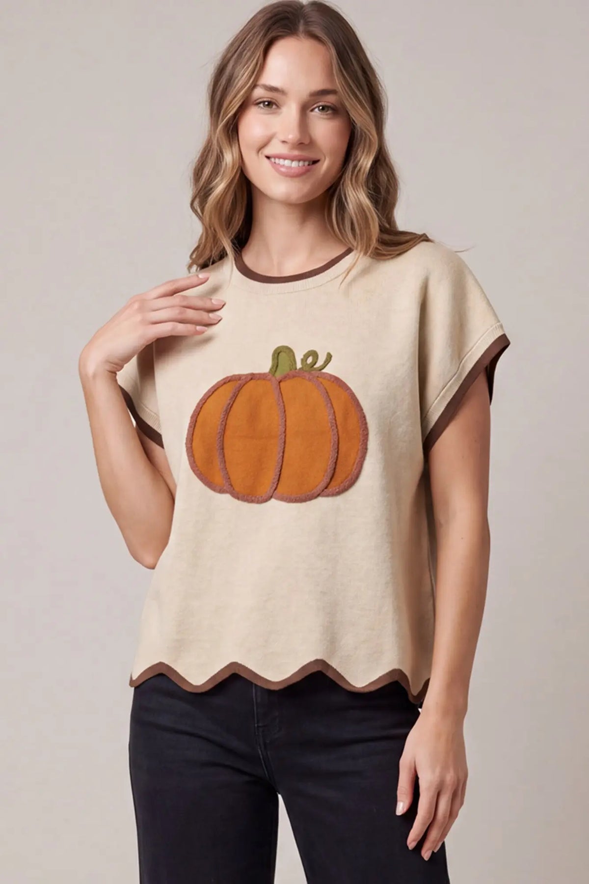 Scallop Hem Pumpkin Short Sleeve Sweater-Taupe