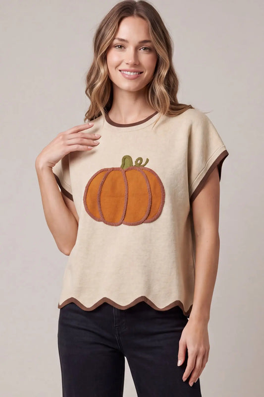 Scallop Hem Pumpkin Short Sleeve Sweater-Taupe