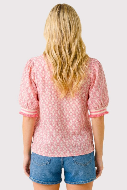 Geo Floral Mandarin Contrast Collar Puff Sleeve Top-Coral