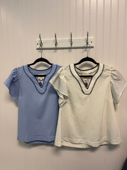 Contrast Stitch Flutter Sleeve V-Neck Top