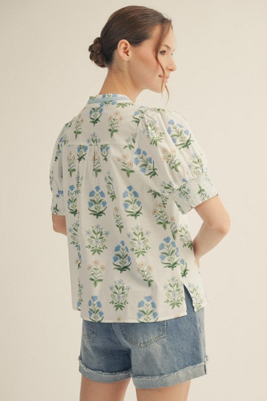 Floral V-Notch Neck Smocked Sleeve Top-Off Wht