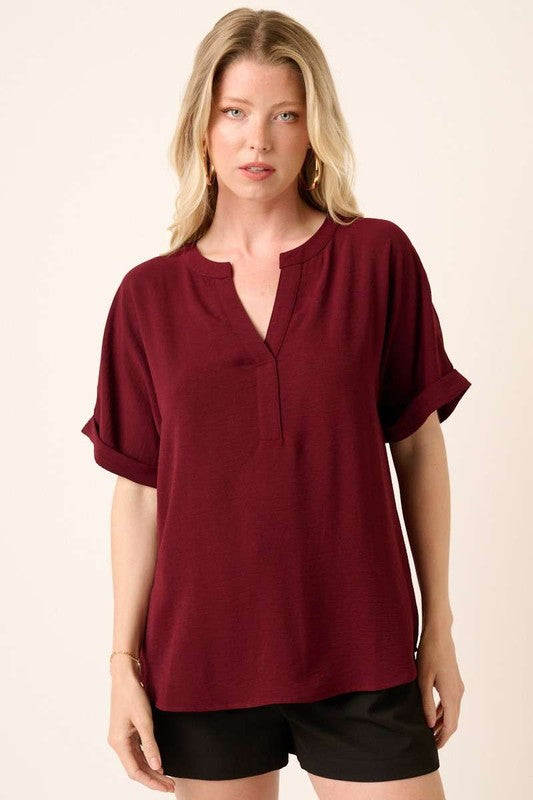 Solid Placket Detail Dolman Sleeve Top