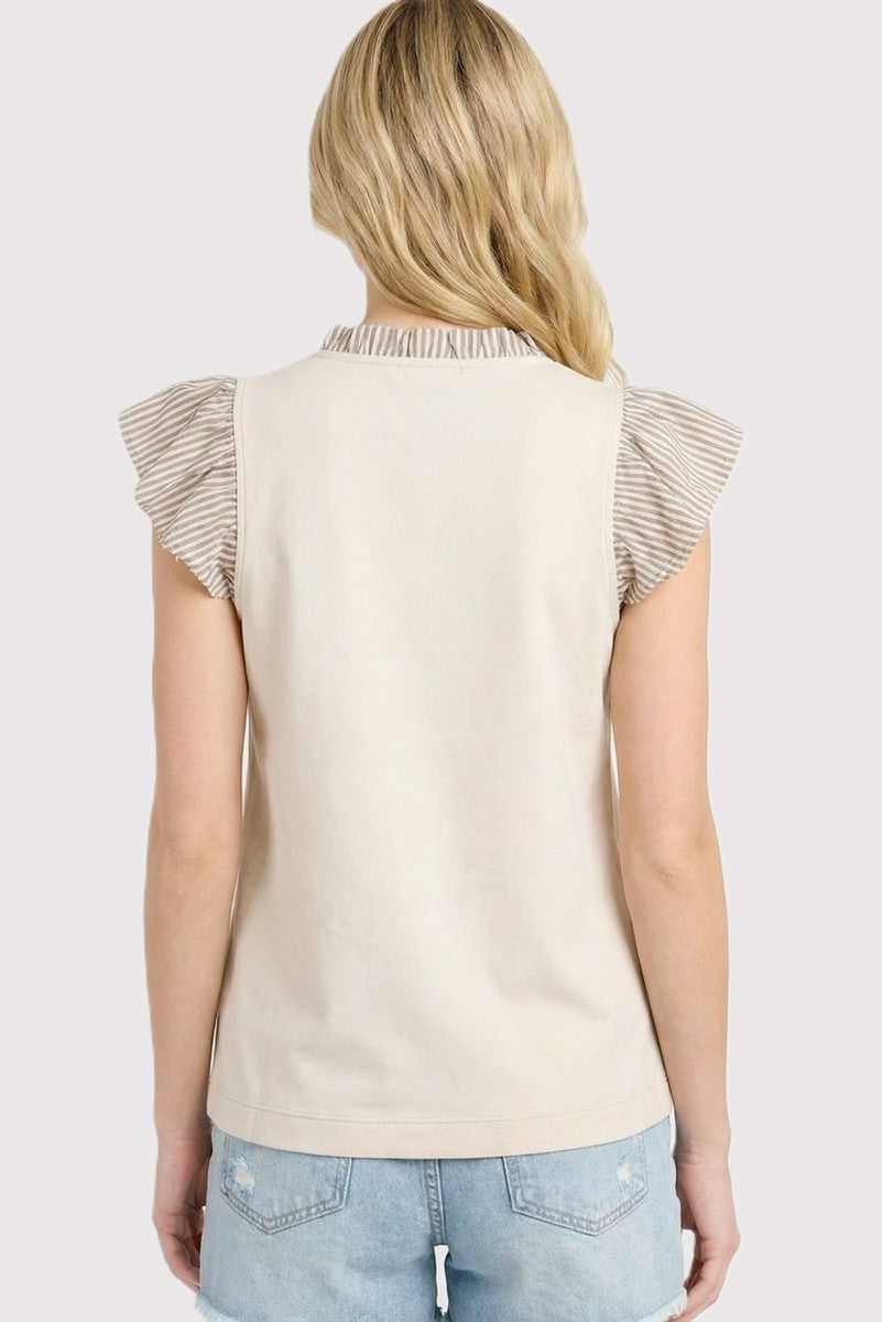 Striped Frill V-Neck & Sleeve Button Top-Cream