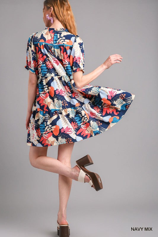 Abstract Print Smocked Tiered Puff Sleeve Dress-Navy