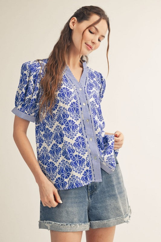 Damask & Stripe Button Down V-Neck Puff Sleeve Top