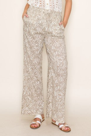 Tropical Leaf Print Drawstring Pant-Taupe