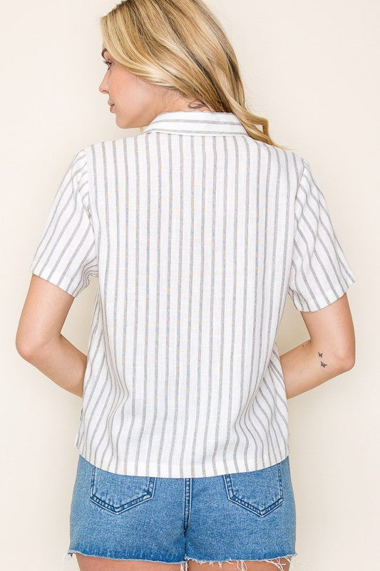 Striped Collared Button Down Top-Wht/Blk
