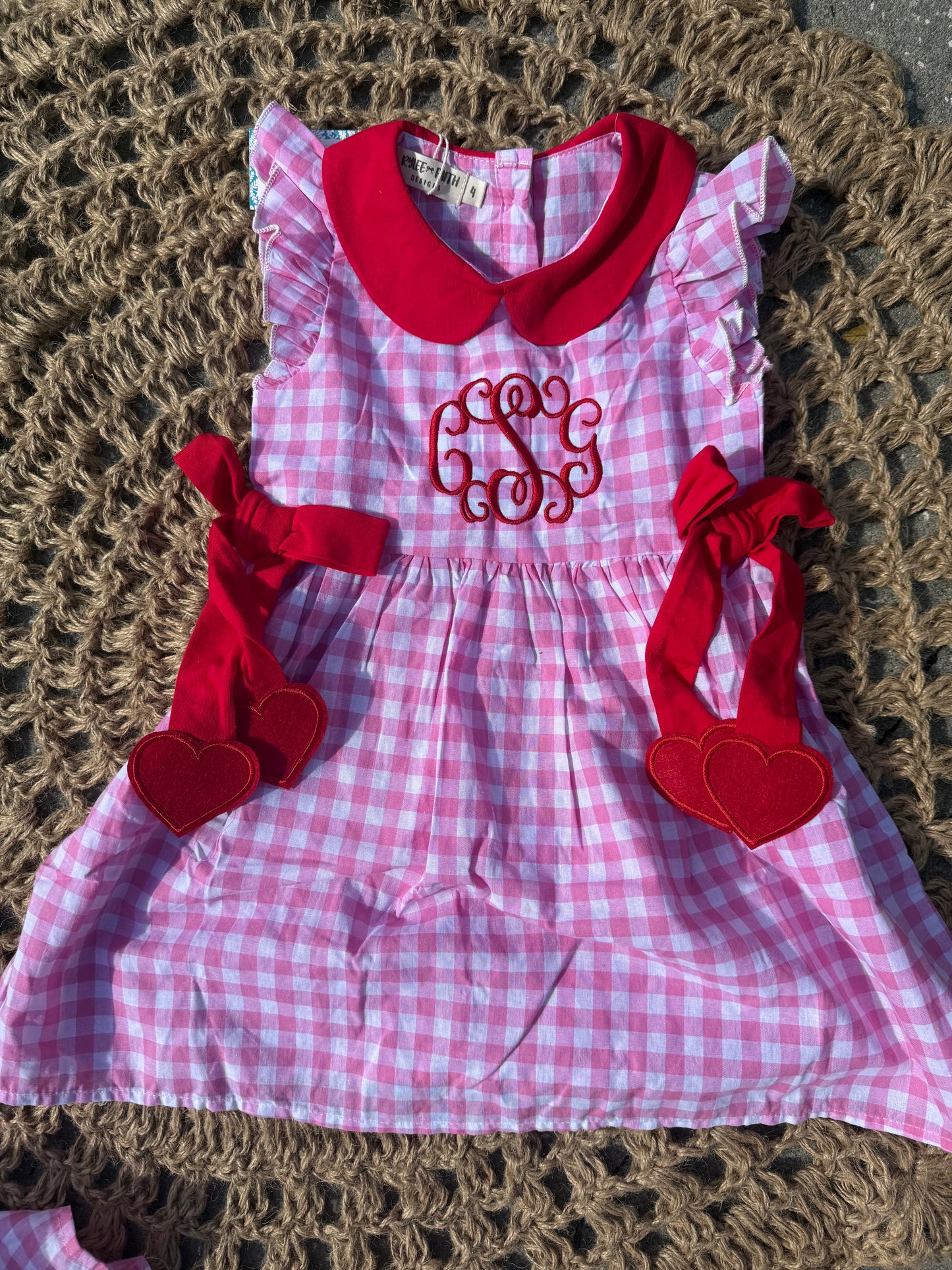 Valentine Pink Plaid Girls Dress with Red Hearts & Bows