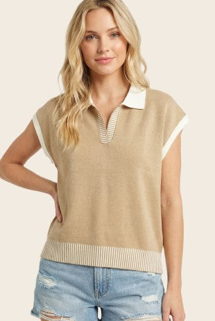 Johnny Collar Contrast Accents Sweater-Taupe