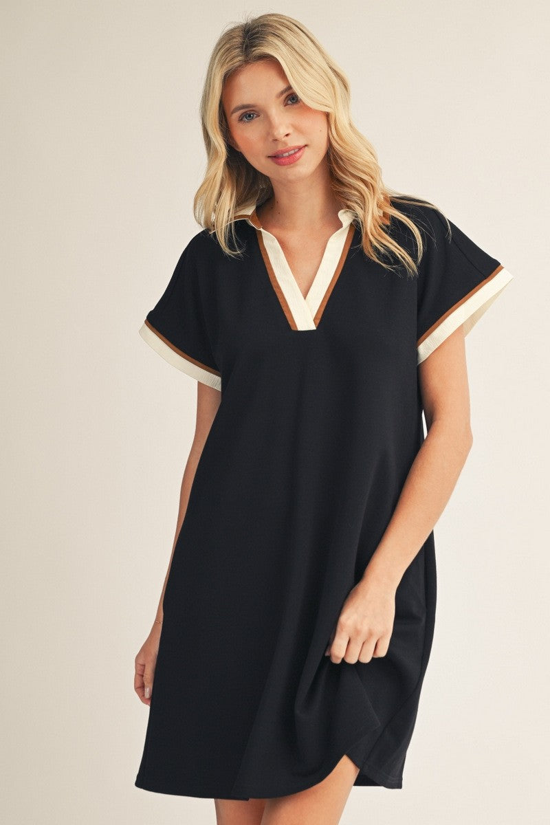 Solid Collared V-Neck Dress w/Contrast Details