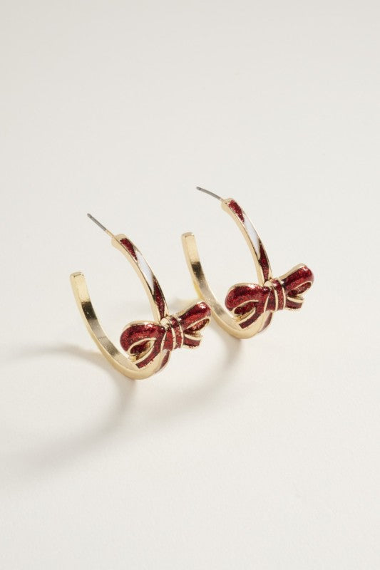Red Glitter Bow Candy Cane Hoop Earring