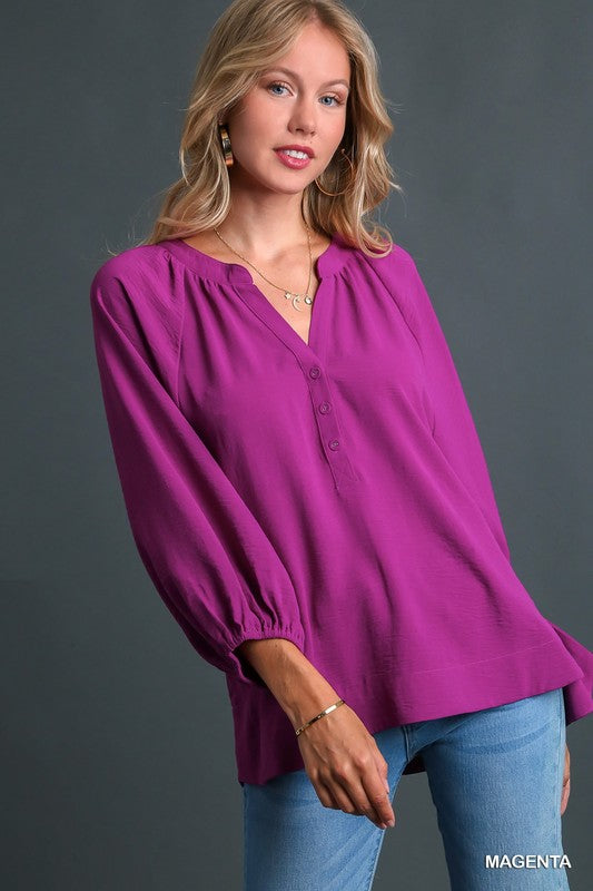 Solid Notched Neck Button Detail 3/4 Sleeve Top