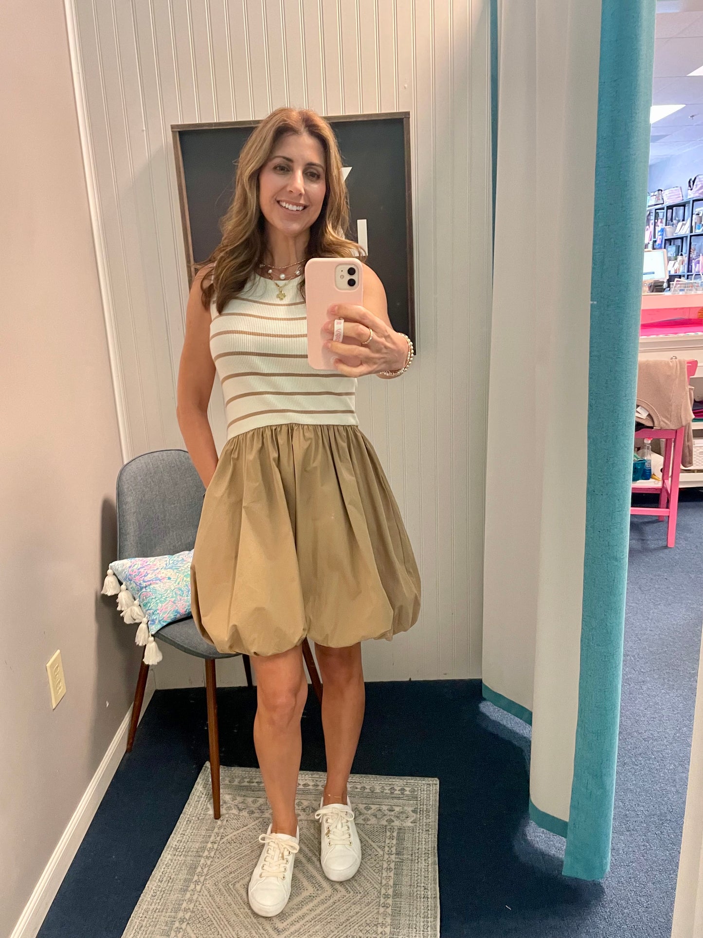 Striped Sleeveless Bubble Hem Dress-Taupe