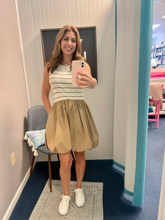 Striped Sleeveless Bubble Hem Dress-Taupe