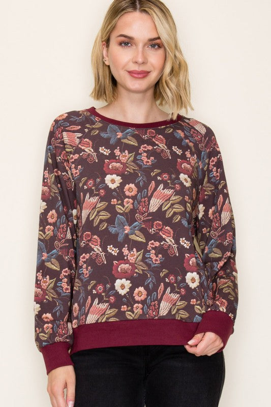 Floral Terry Pullover Sweatshirt-Burgundy