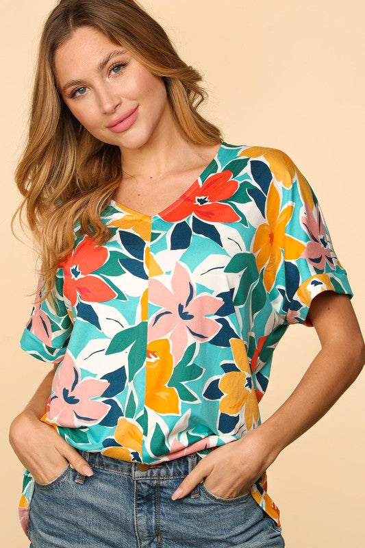 Floral V-Neck Drop Shoulder Banded Sleeve Top