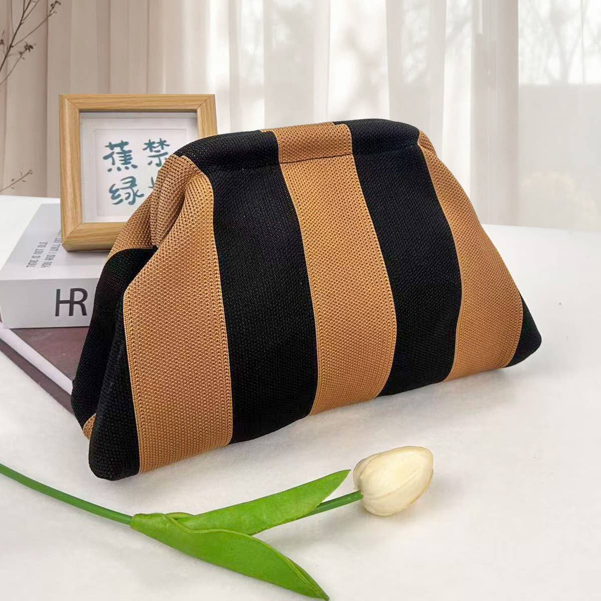 Color-block Striped Knit Cosmetic Bag with Personalization
