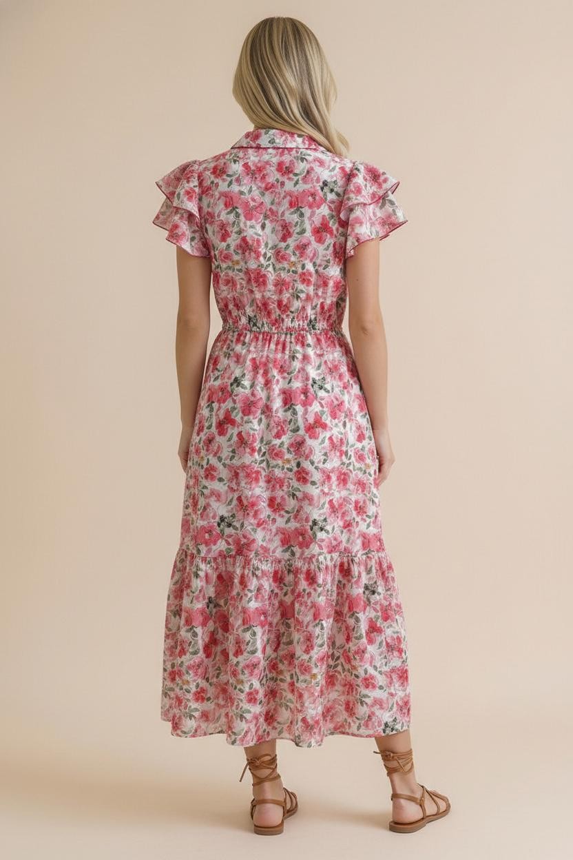 Floral Collared Drawstring Waist Maxi Dress-Pink