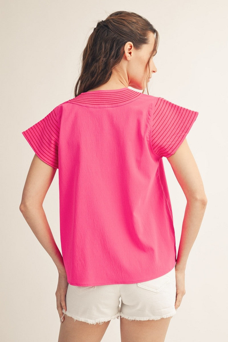 Solid Contrast Stitch Detail V-Neck Flutter Sleeve Top