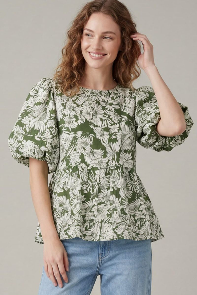 Floral Puff Sleeve Peplum Top