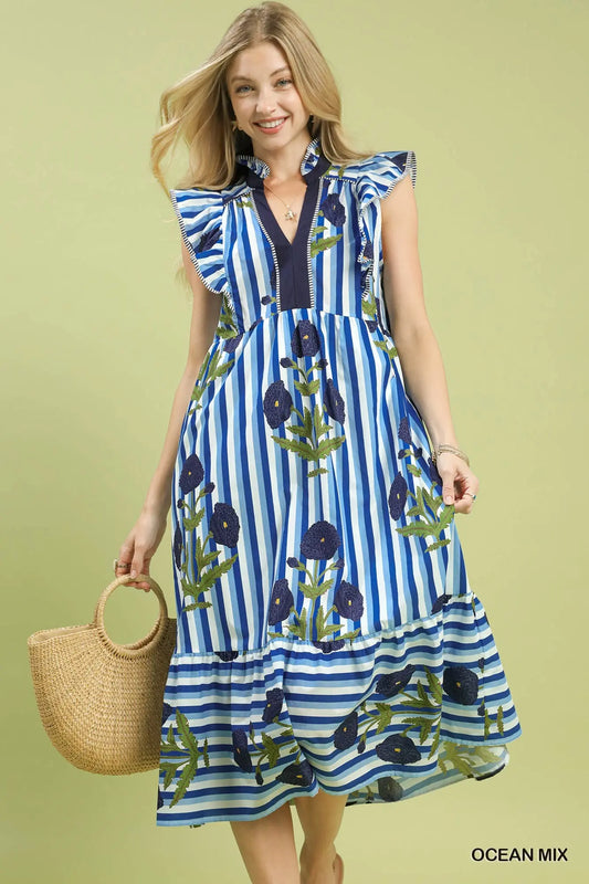 Vertical Stripe & Large Floral Ruffle Sleeve Midi Dress-Ocean