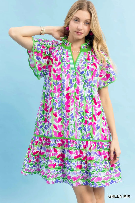 Vine Cluster Split Neck Scallop Flutter Sleeve Dress-Green Mix