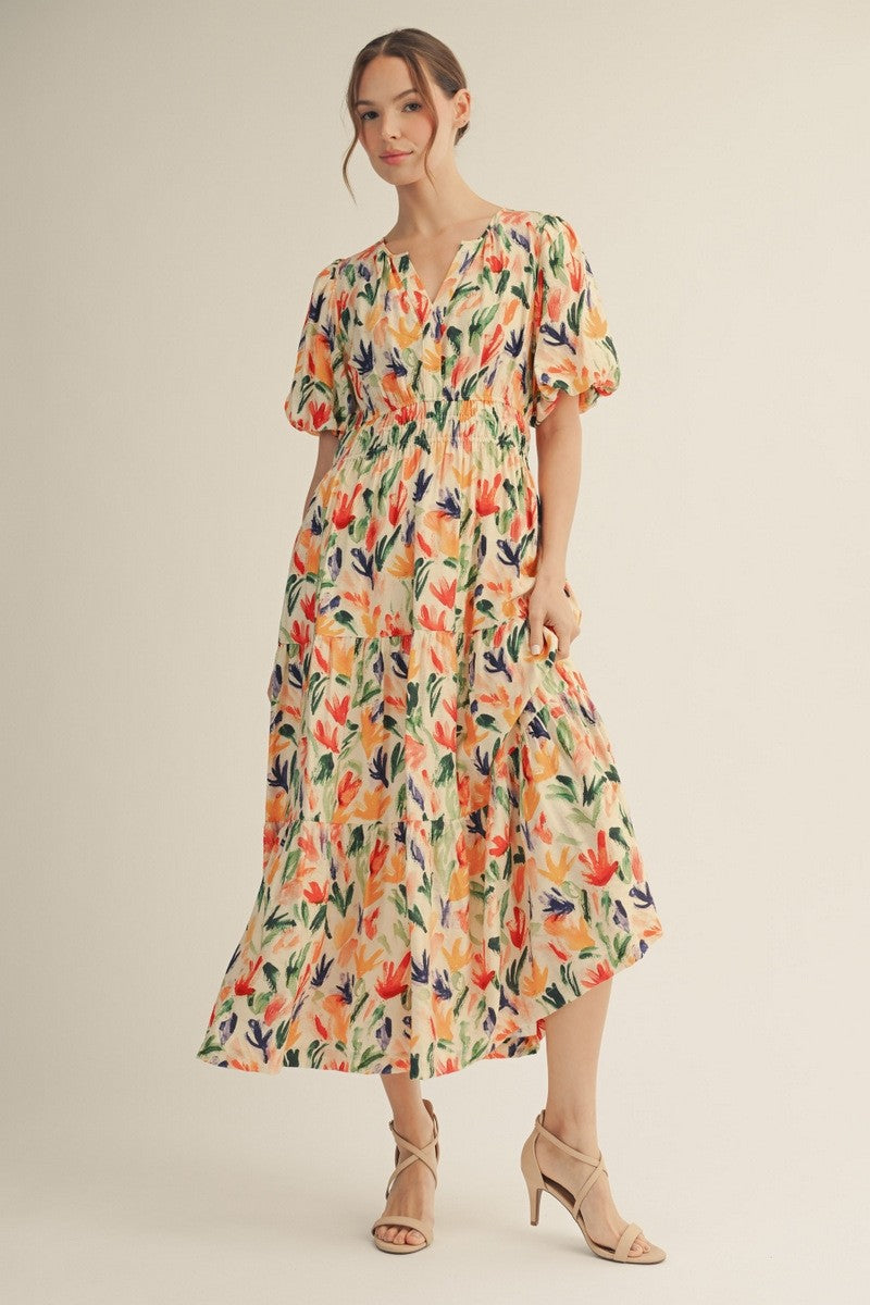 Floral Smocked Waist Puff Sleeve Midi Dress-Red Mix