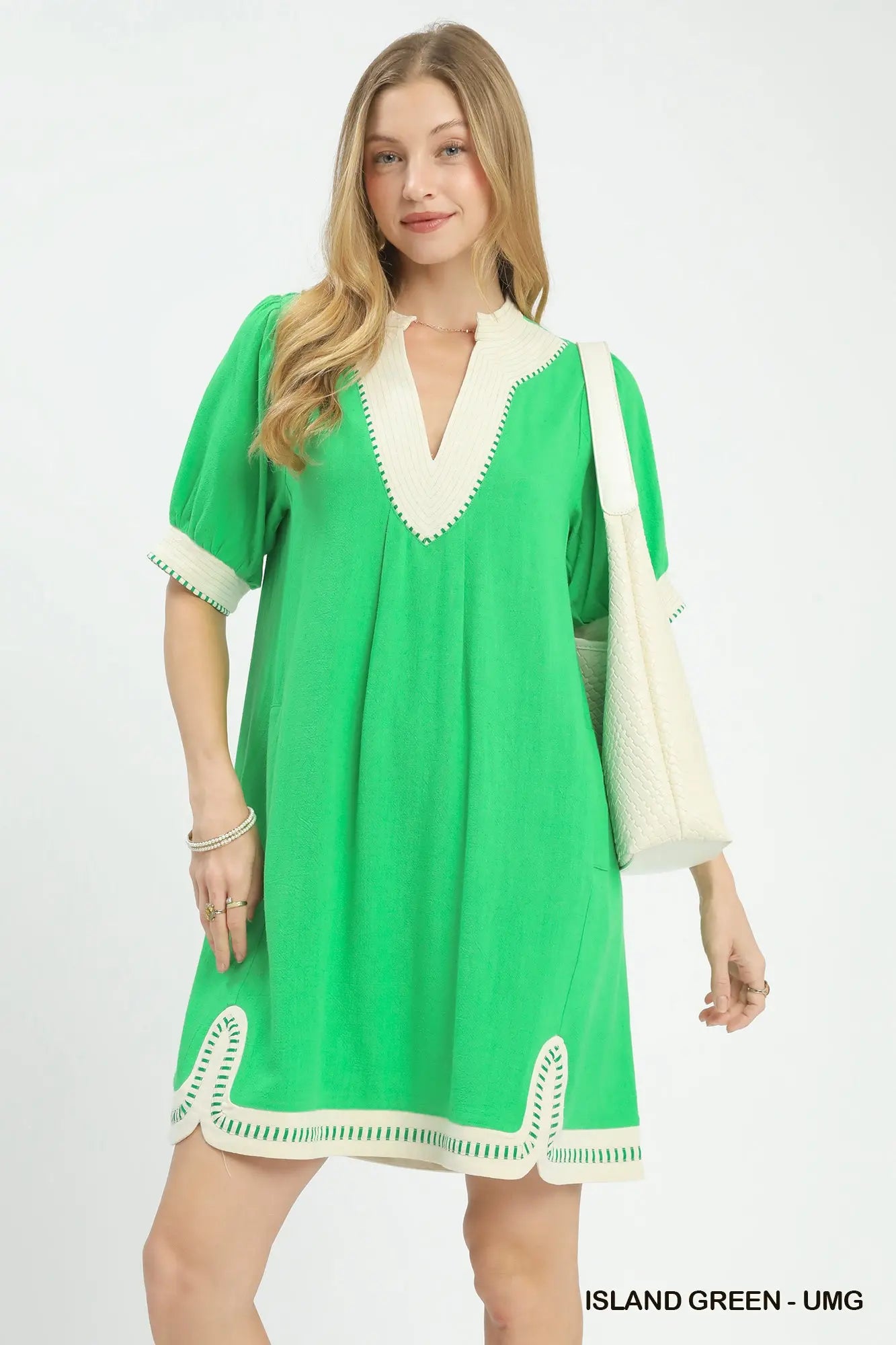 Linen V-Neck Puff Sleeve Contrast Trim Dress-Green