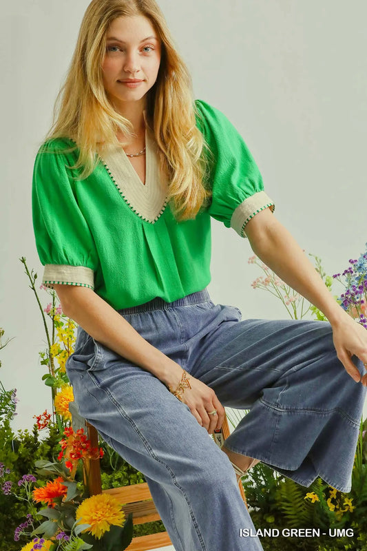 Linen V-Neck Puff Sleeve Contrast Trim Top-Green