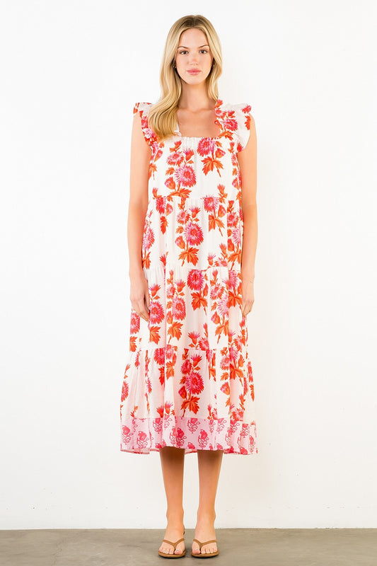 Floral Wide Flutter Strap Tiered Midi Dress-Cream