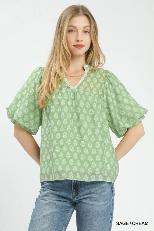 Floral Medallion V-Neck Puff Sleeve Top-Sage