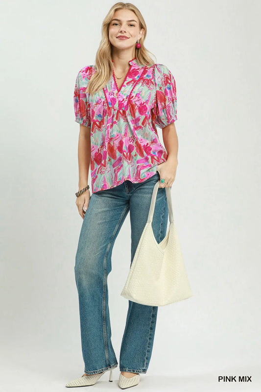 Abstract Print Contrast V-Neck Puff Sleeve Top-Pink