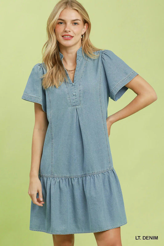 Denim Button Detail Ruffle Hem Dress- Light