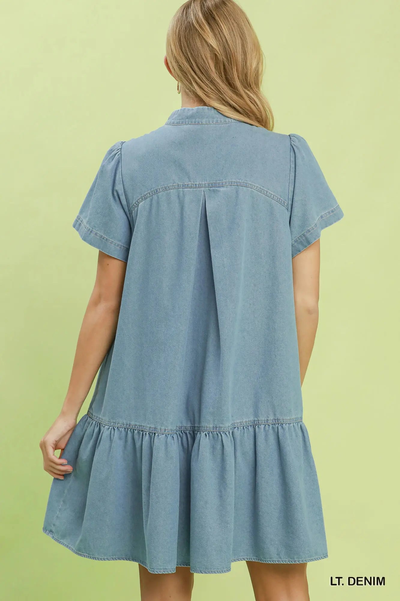 Denim Button Detail Ruffle Hem Dress- Light
