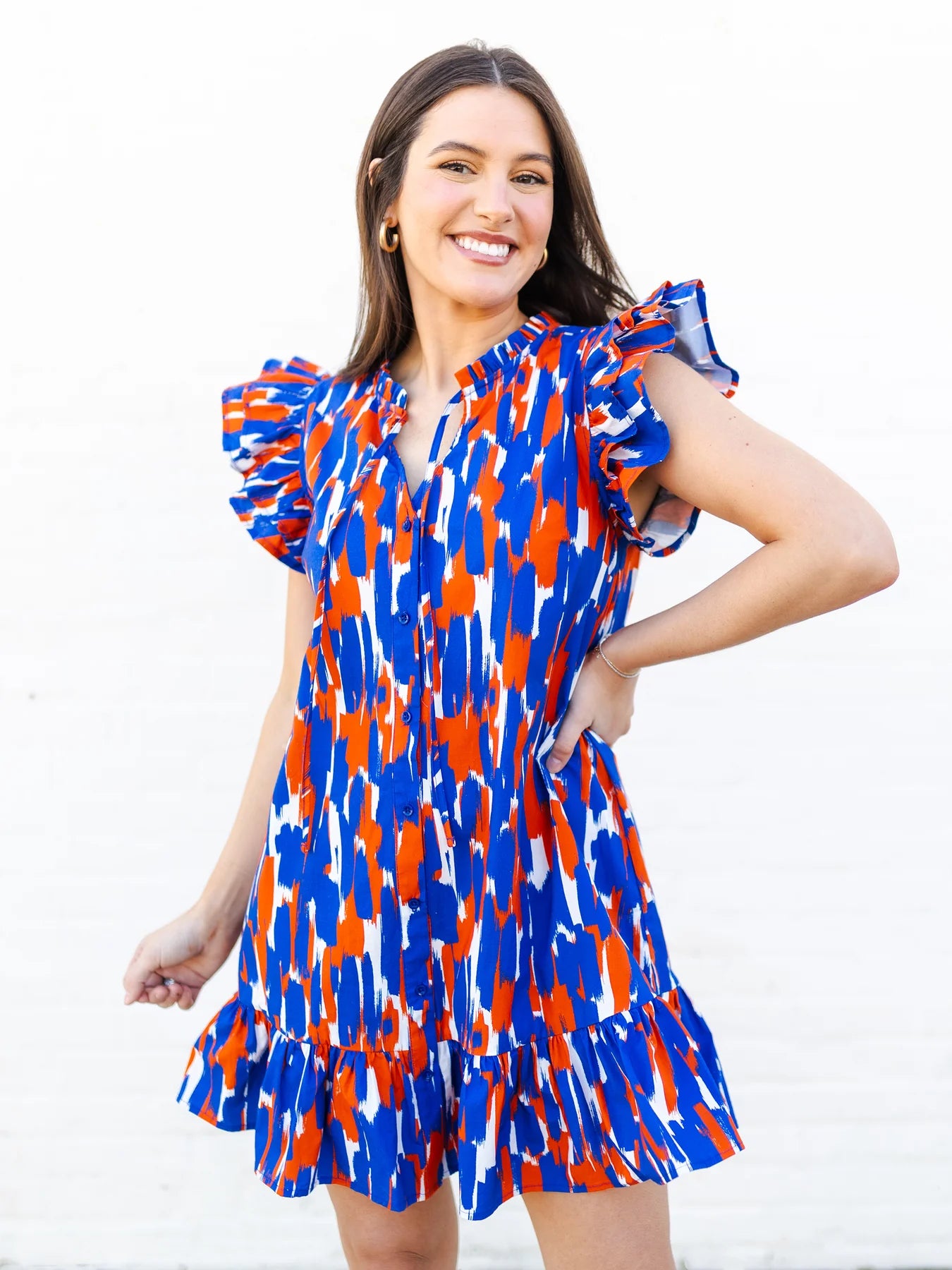 Brush Stroke Ruffle Cap Sleeve Button Up Dress