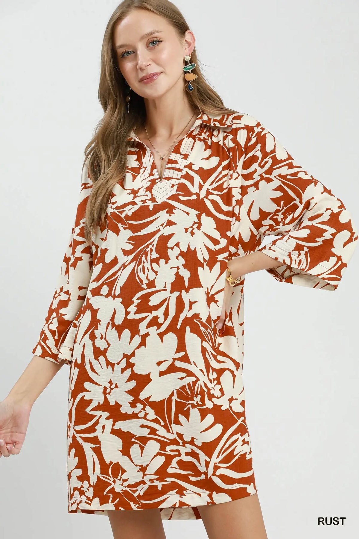 Floral Collared Split Neck 3/4 Sleeve Dress-Rust