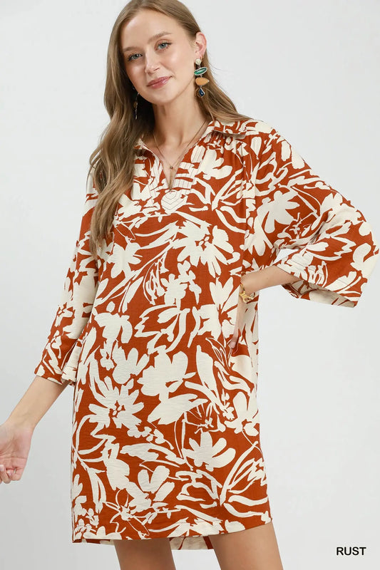 Floral Collared Split Neck 3/4 Sleeve Dress-Rust