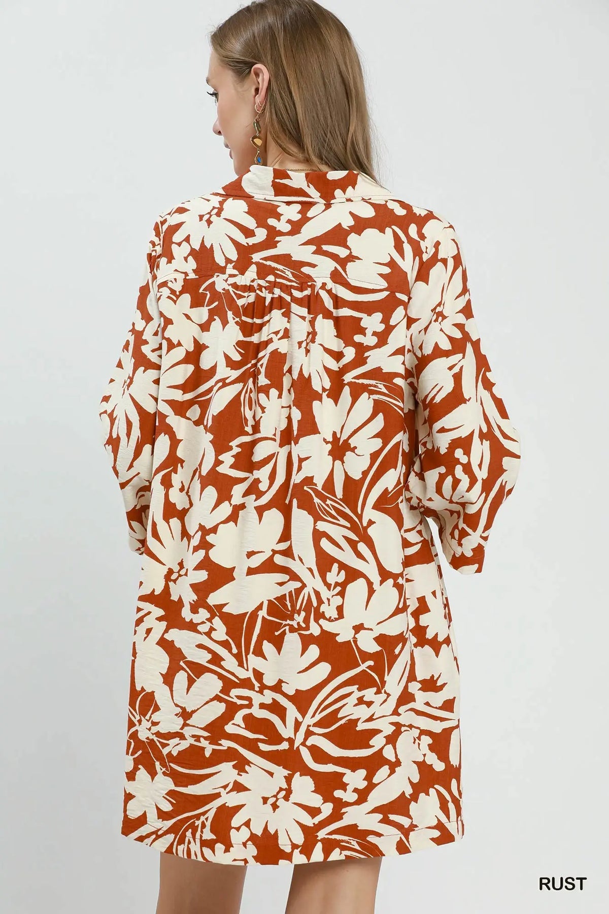 Floral Collared Split Neck 3/4 Sleeve Dress-Rust