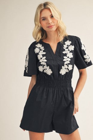 Solid Romper w/Floral Embroidered Top-Black