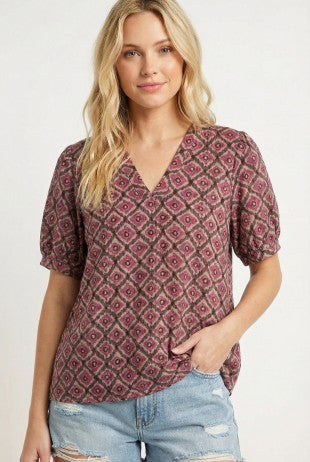 IKat Print V-Neck Button Sleeve Top-Magenta
