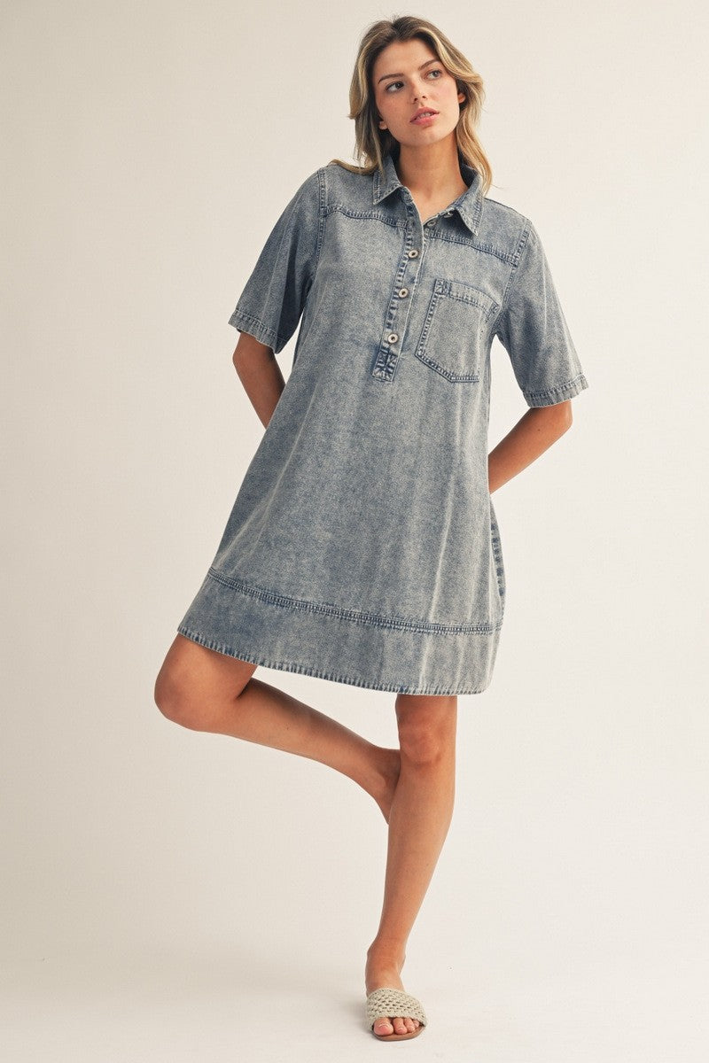 Acid Wash Denim Collared Pocket Pleat Back Dress