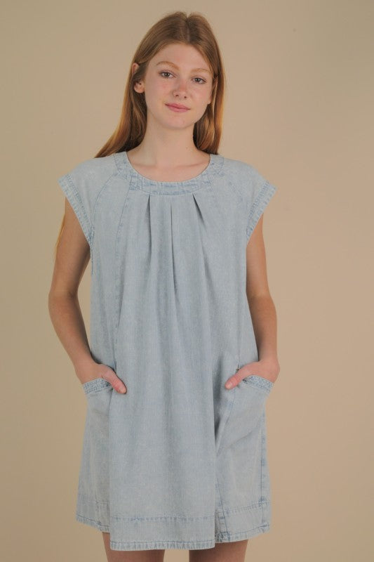 Washed Denim Pleated Cap Sleeve Dress-Light