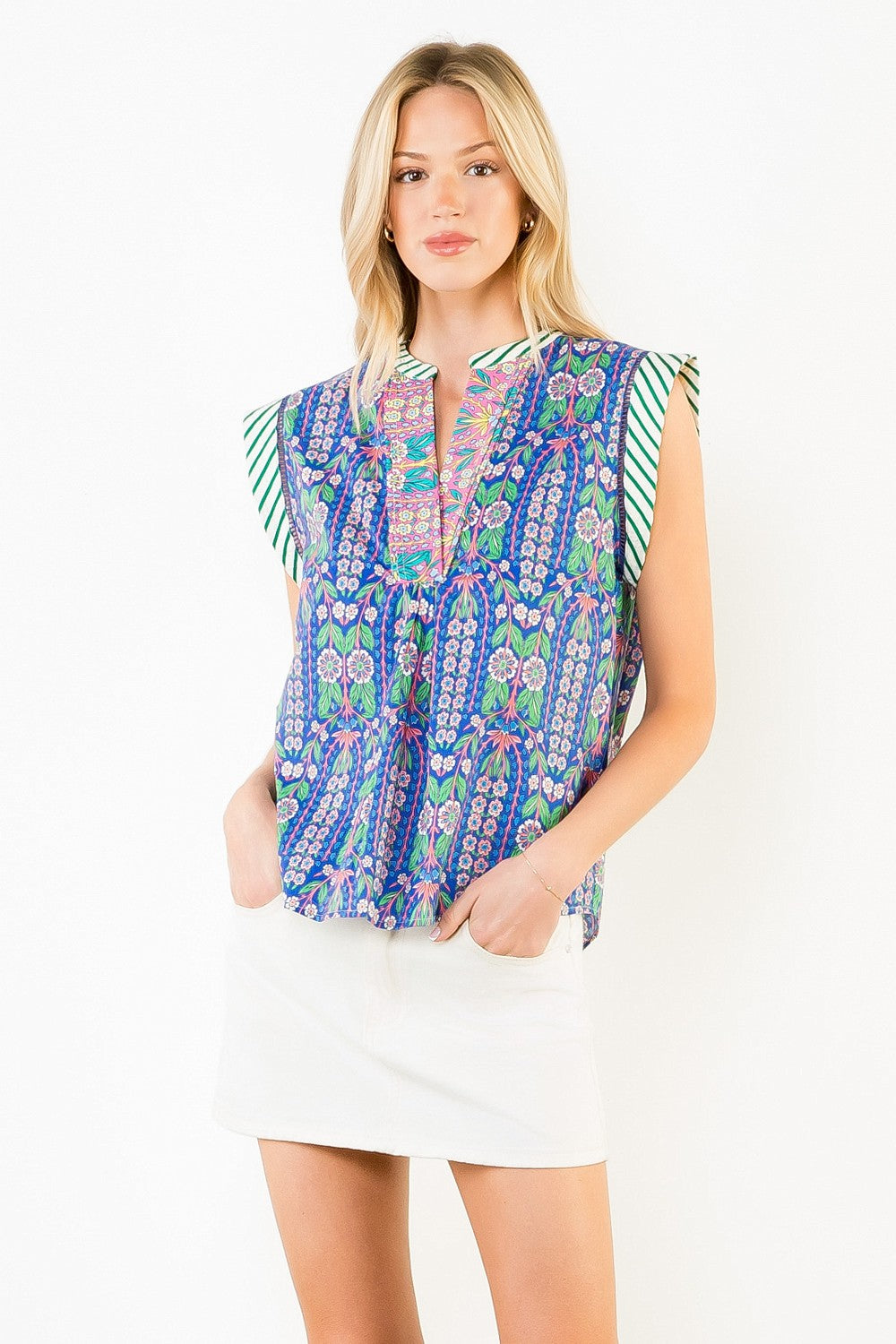 Floral Vine & Contrast Trim Cap Sleeve Top-Blue